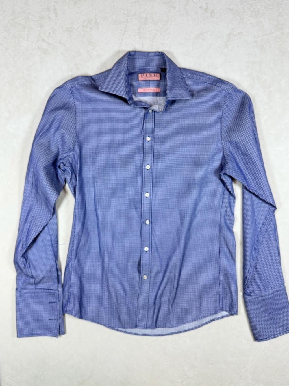 Thomas Pink 15.5 39 Slim Fit Prestige Blue MicroCheck Textured French Cuff Shirt